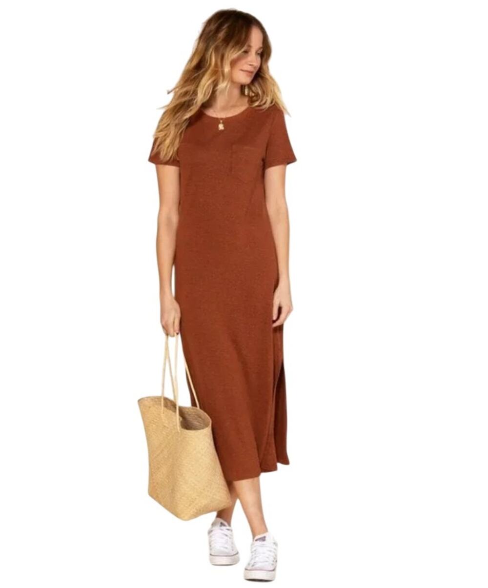 Outerknown Rust Brown Neptune Short Sleeve T-Shirt Midi Dress